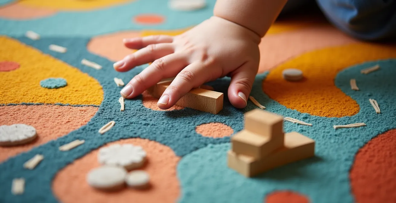 Nahaufnahme eines abstrakten Kinderteppichs mit geometrischen Mustern