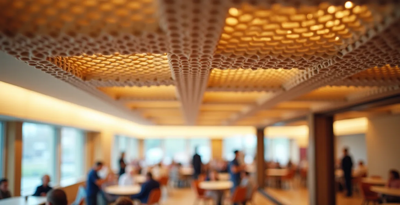 Großer Saal mit sichtbaren Akustikpaneelen an Decke und Wänden