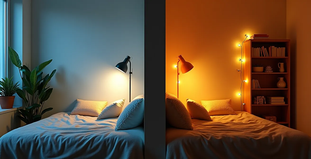 Jugendzimmer mit optischer Trennung durch unterschiedliche Beleuchtungszonen am Schreibtisch und in der Entspannungsecke