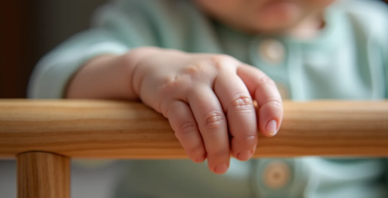 Baby vor bodentiefem Spiegel mit Haltestange aus Holz