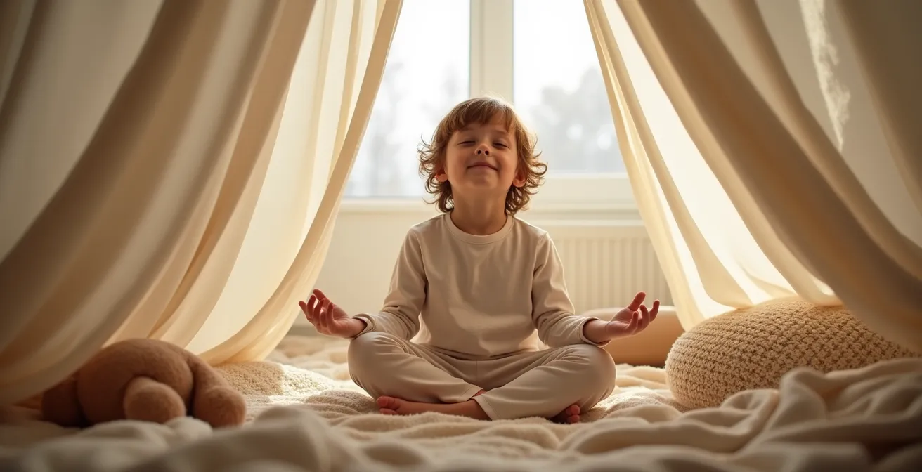 Ein Kind findet unter einem schützenden Baldachin in seinem ruhigen Rückzugsort innere Ruhe.