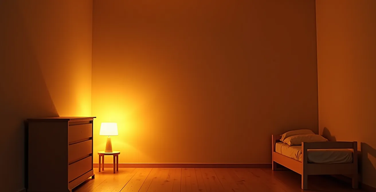 Warmes bernsteinfarbenes Licht erhellt sanft ein gemütliches Kinderzimmer in der Dämmerung