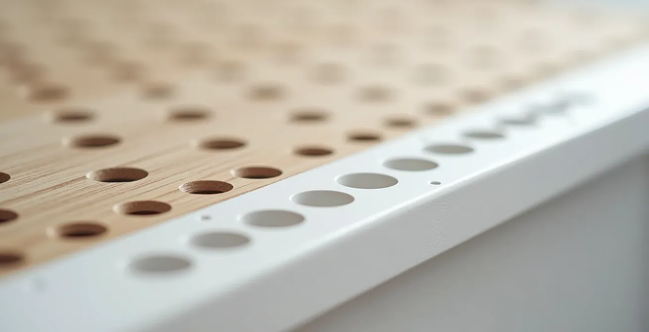 Makroaufnahme von präzise gebohrten Belüftungsschlitzen in der weißen Bodenplatte eines Bettkastens.