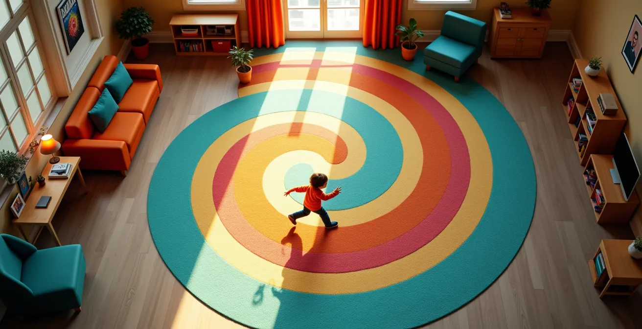 Kinderzimmer mit fließender Bewegungsbahn und visuellen Leitlinien