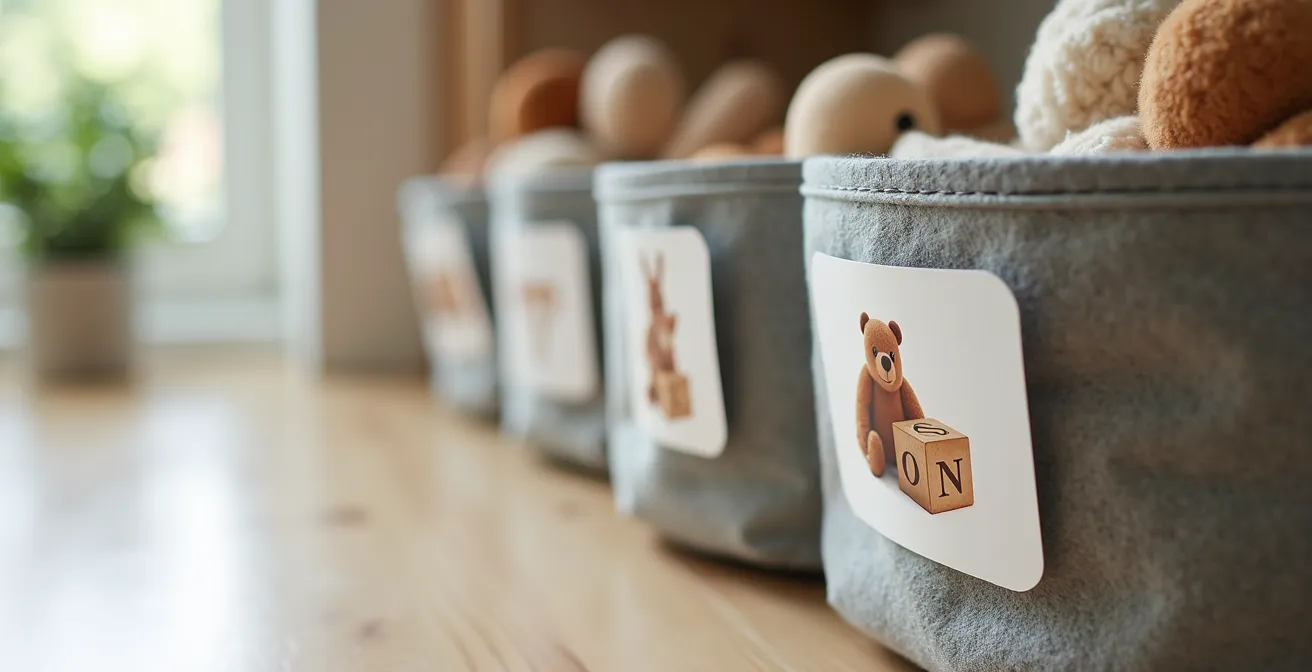 Aufbewahrungskörbe mit bunten Bildetiketten für Kleinkinder im deutschen Kinderzimmer