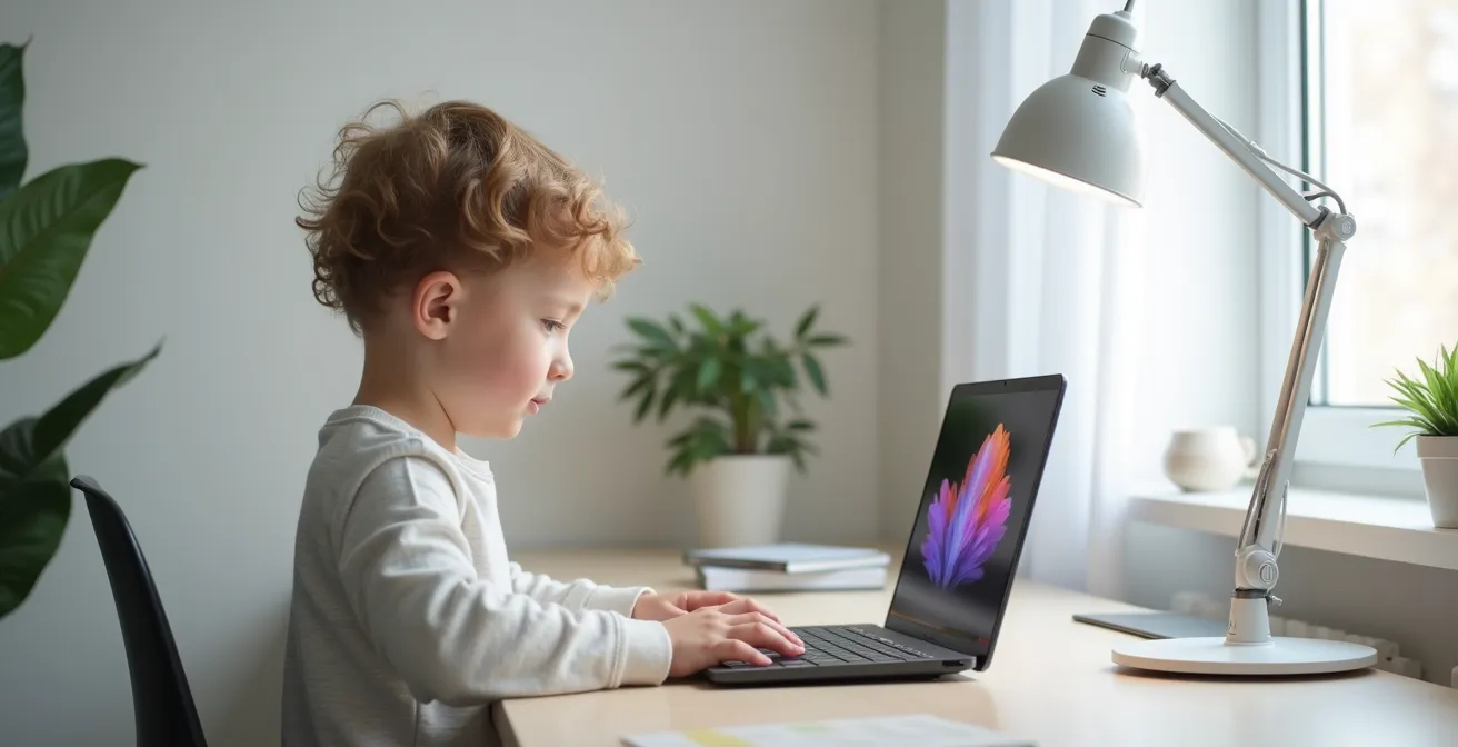 Kind arbeitet am Tablet mit optimal eingestellter Schreibtischlampe ohne Reflexionen auf dem Bildschirm.