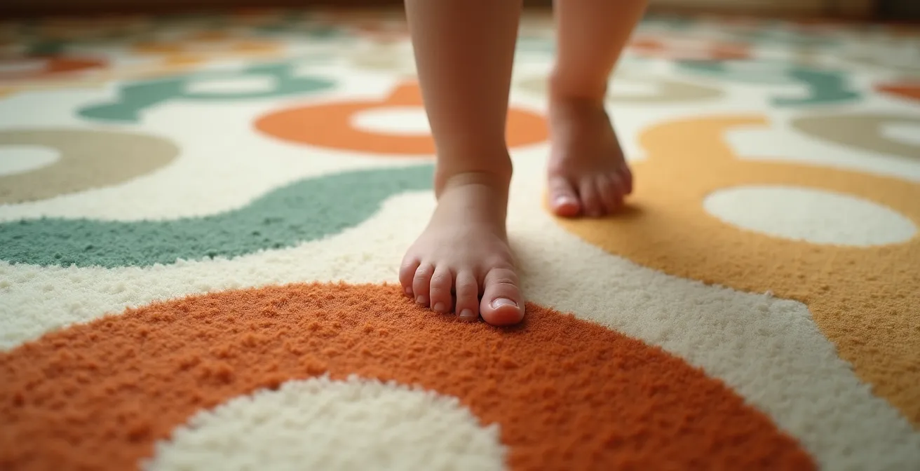 Kinderfüße balancieren auf geometrischem Teppichmuster