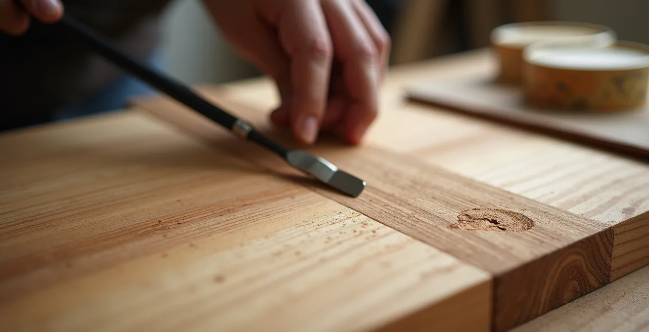Detailaufnahme der Holzreparatur an Buchenmöbeln