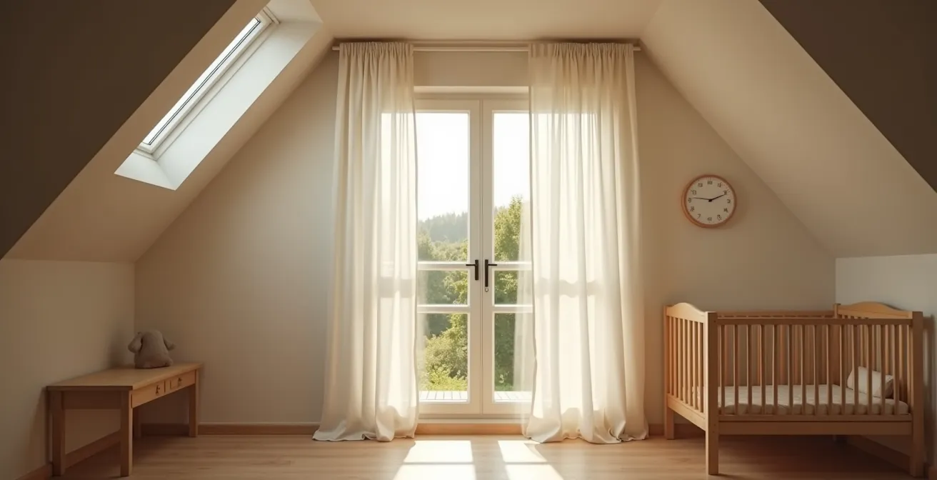 Dachgeschoss-Kinderzimmer mit Thermovorhängen die kühlenden Schatten werfen