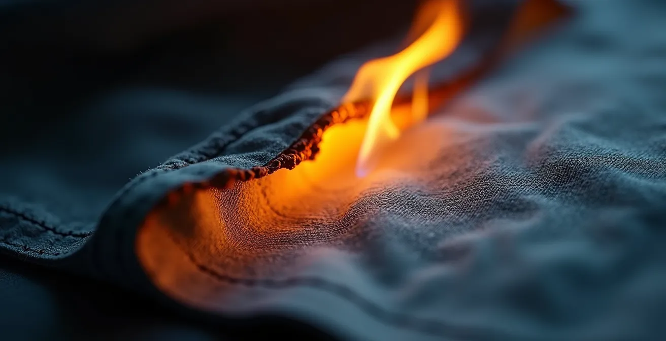 Makroaufnahme eines B1-zertifizierten Stoffes im Brandtest