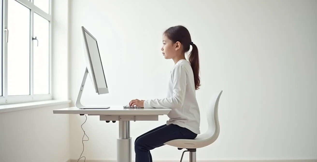 Seitenansicht eines Kindes mit korrekten 90-Grad-Winkeln an Knien und Ellbogen