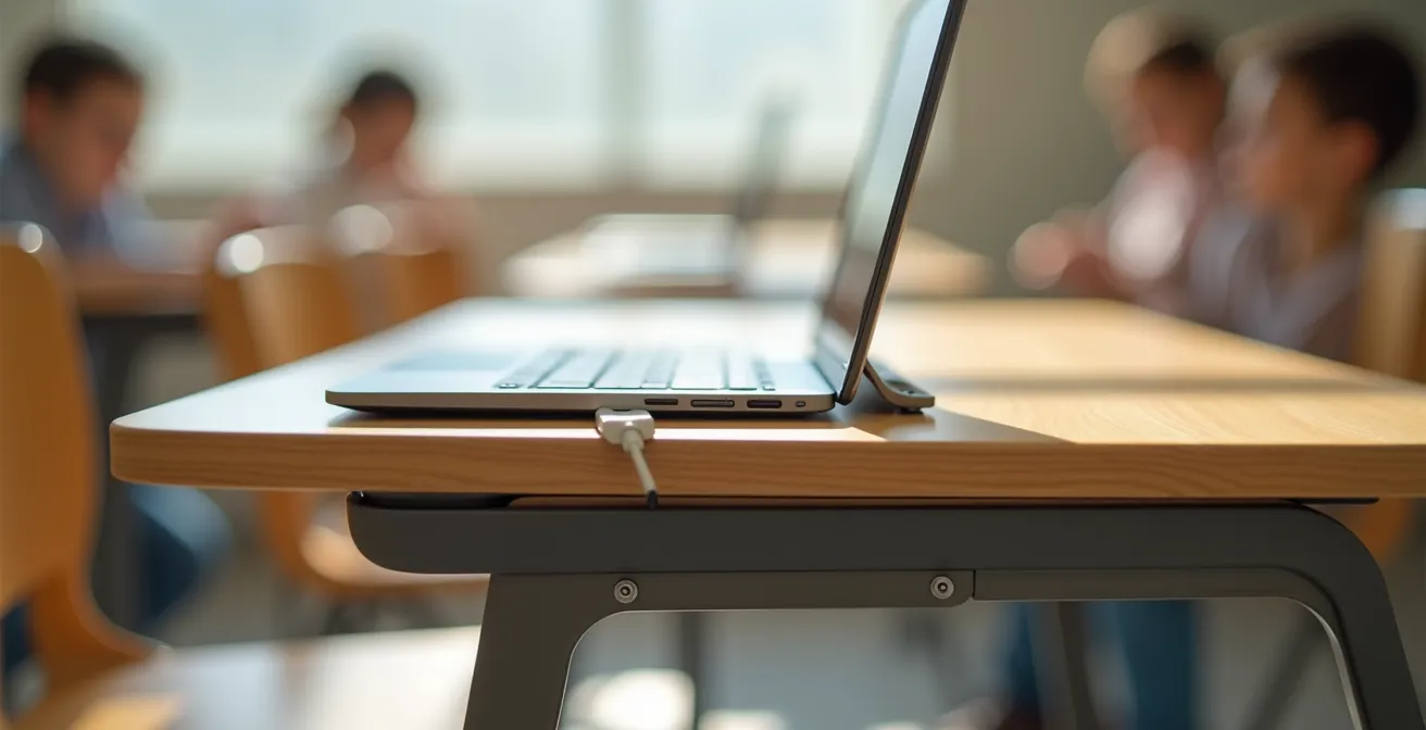 Schülertisch mit integrierter Tablet-Halterung und Kabelmanagement-System