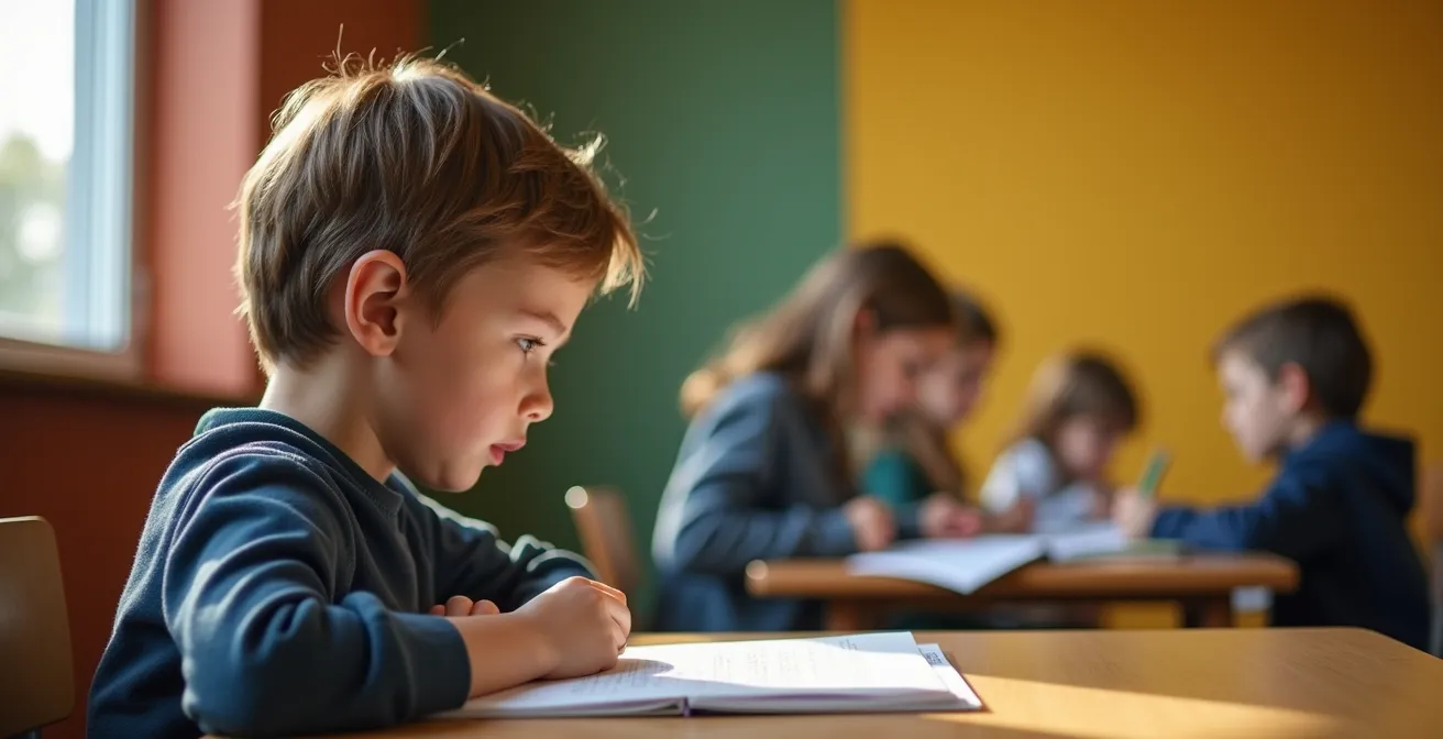 Schüler beim konzentrierten Lernen in einem farblich gestalteten Klassenzimmer
