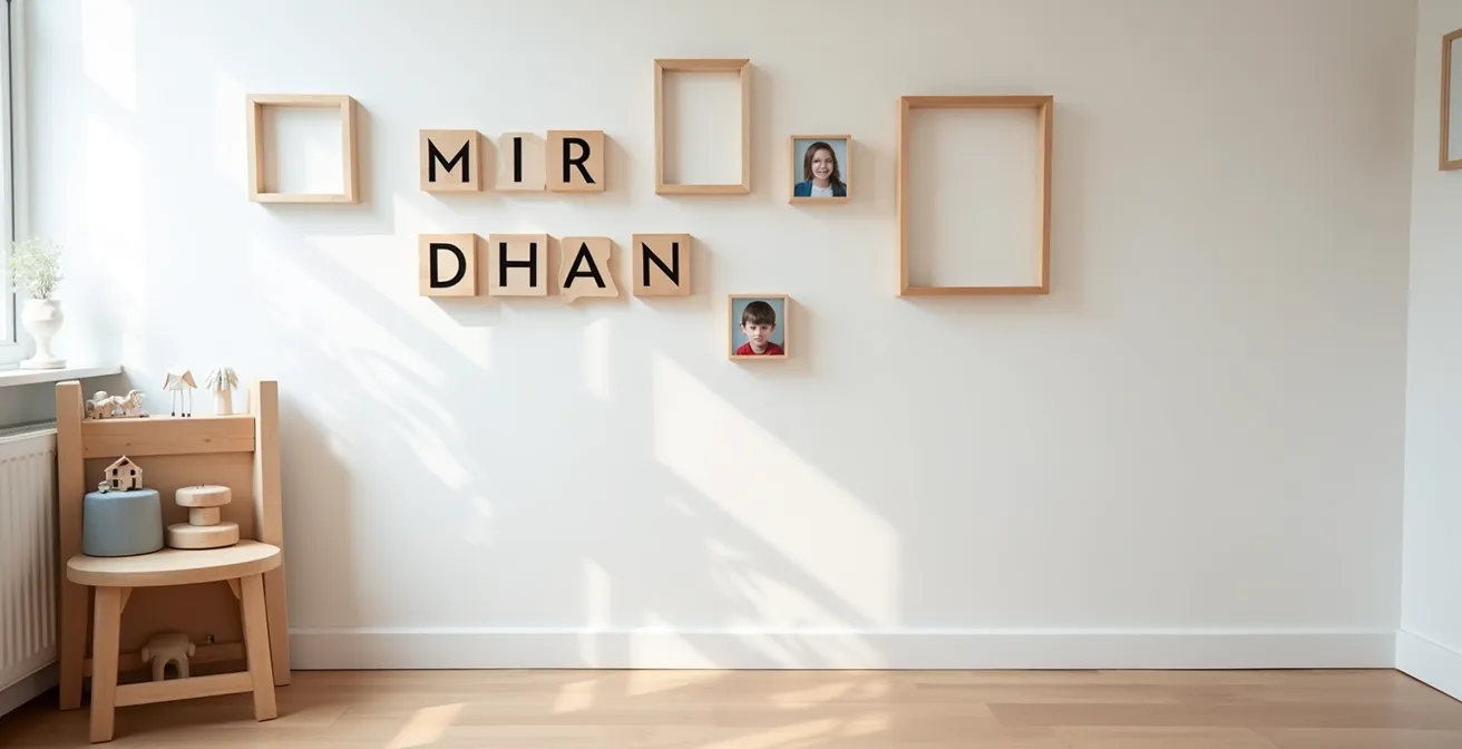 Persönliche Fotowand mit Kinderbildern und Namenszug im deutschen Kinderzimmer