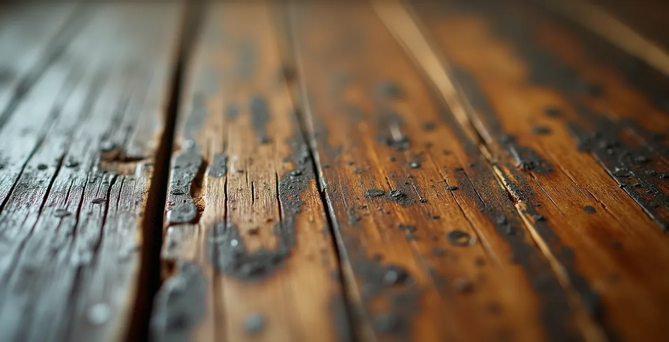 Detailaufnahme der Prüfung gebrauchter Kindermöbel mit Fokus auf die abgenutzte Holzstruktur