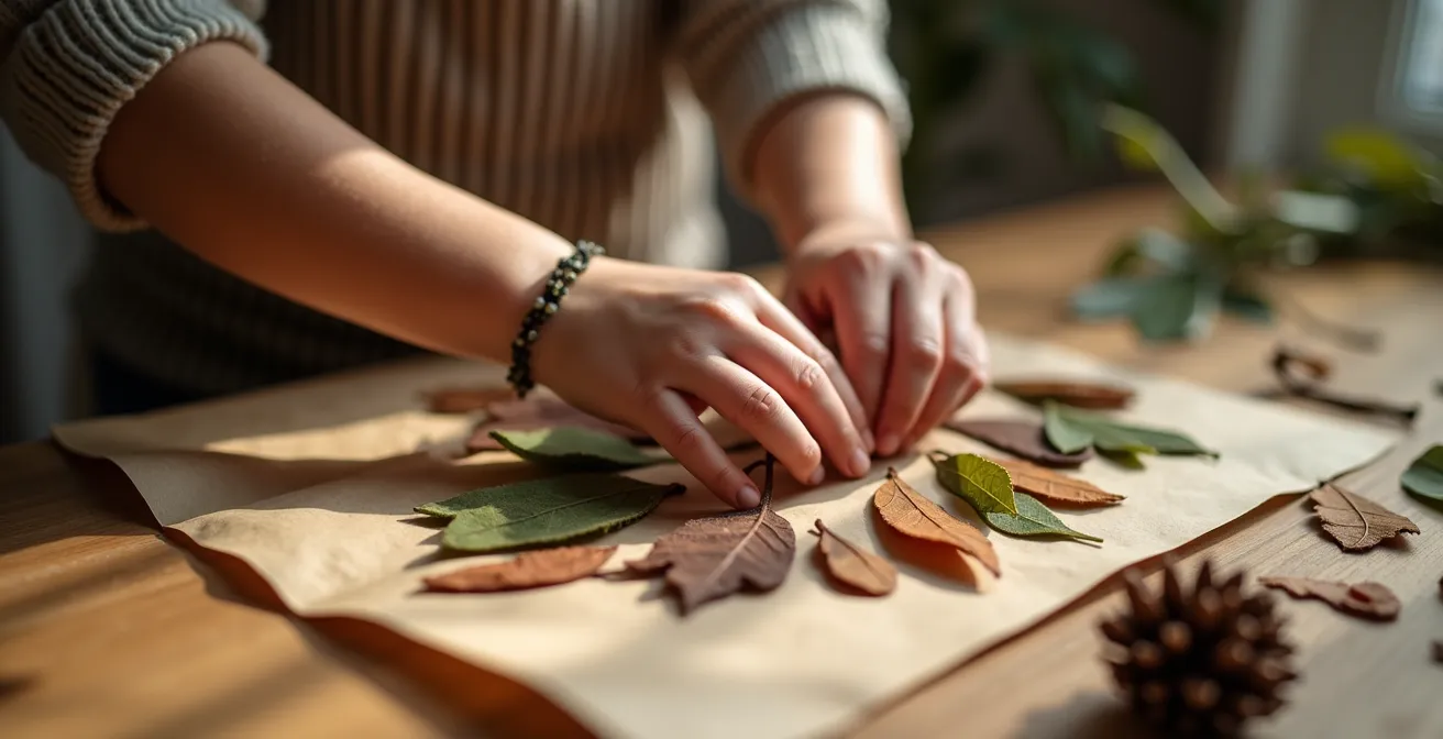 Elternteil und Kind basteln gemeinsam Wanddeko aus Waldmaterialien