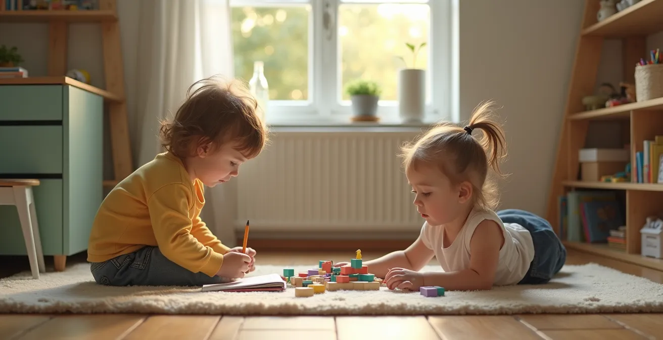 Geschwisterzimmer mit altersgerechten Zonen für zwei Kinder, die parallel spielen und lernen.