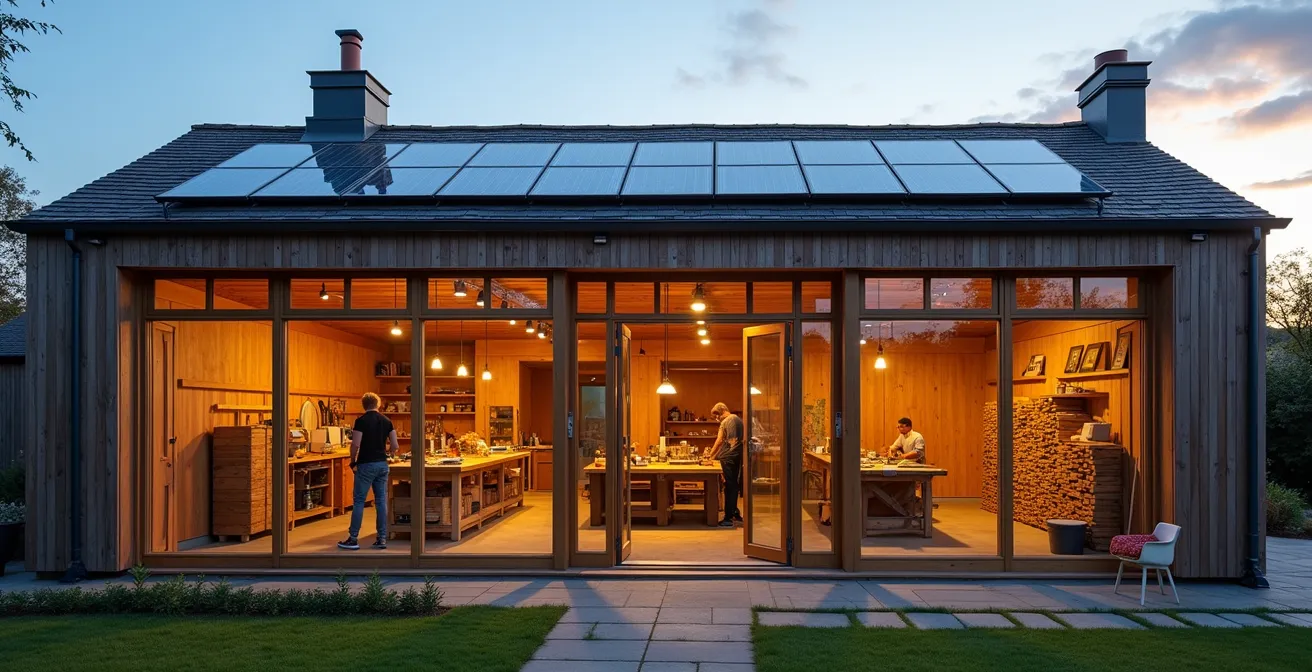 Symbolische Darstellung von nachhaltigem Möbelbau mit Solarpanels auf dem Werkstattdach als Zeichen für echte Reduktion