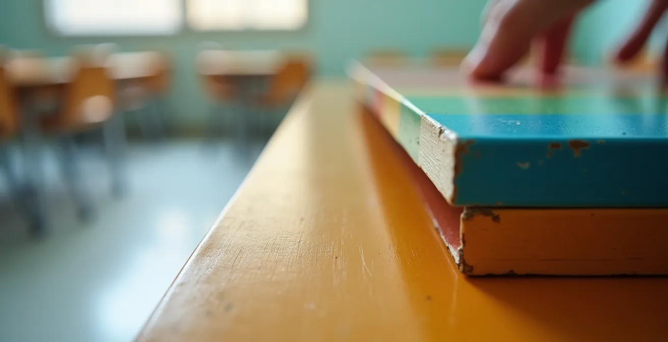 Makroaufnahme von Farbmarkierungen an Schulmöbeln zur Größenklassifizierung