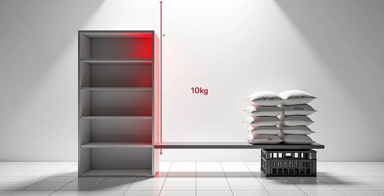 Visualisierung des Hebelgesetzes, das zeigt, wie das geringe Gewicht eines Kindes ein hohes Regal zum Kippen bringt.