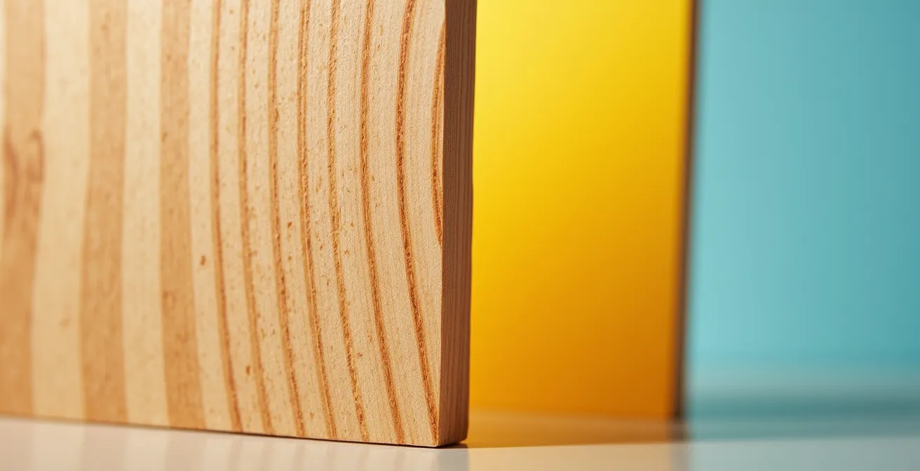 Makroaufnahme zeigt Kontrast zwischen Holzmaserung und glatter Plastikoberfläche bei Spielküchen-Materialien