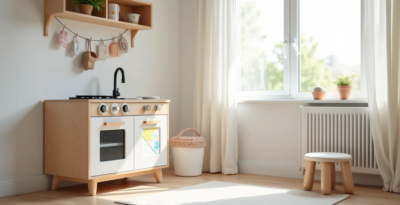 Weitwinkelaufnahme einer personalisierten IKEA DUKTIG Spielküche in einem modernen, hellen Kinderzimmer