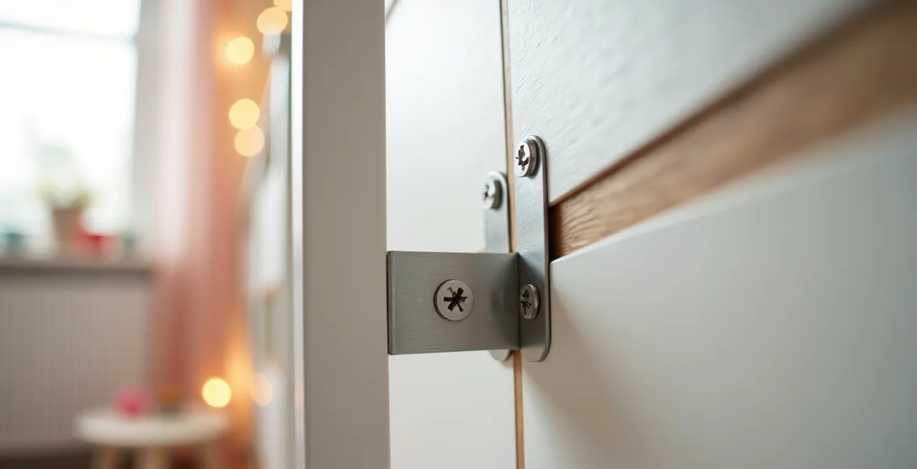 Detailansicht der festen Verschraubung zweier IKEA KALLAX-Regalmodule mit Metallverbindern zur Erhöhung der Stabilität.