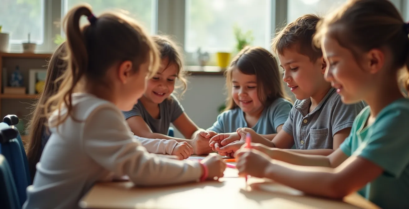 Inklusives Klassenzimmer mit Kindern unterschiedlicher körperlicher Voraussetzungen an höhenverstellbaren Arbeitsplätzen