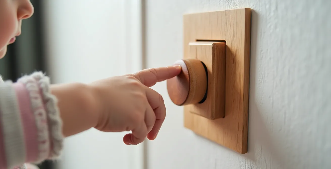 Kind nutzt eine handgefertigte Holzverlängerung, um einen Lichtschalter selbstständig zu bedienen