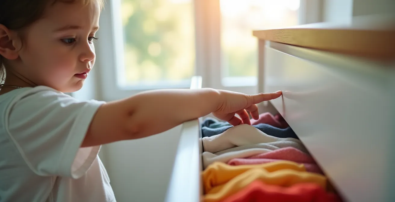 Kind öffnet mühelos eine weiße Bettschublade mit Soft-Close-System mit nur einem Finger.