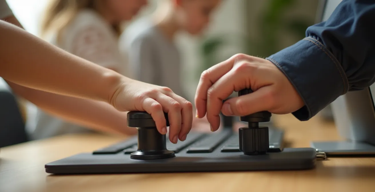 Familie stellt gemeinsam die Schreibtischhöhe ein