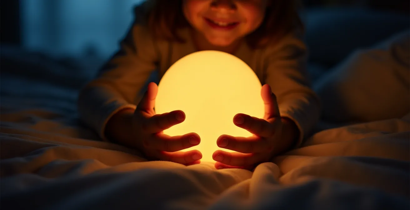 Kind hält selbstbewusst ein tragbares Nachtlicht in seinem Schlafzimmer