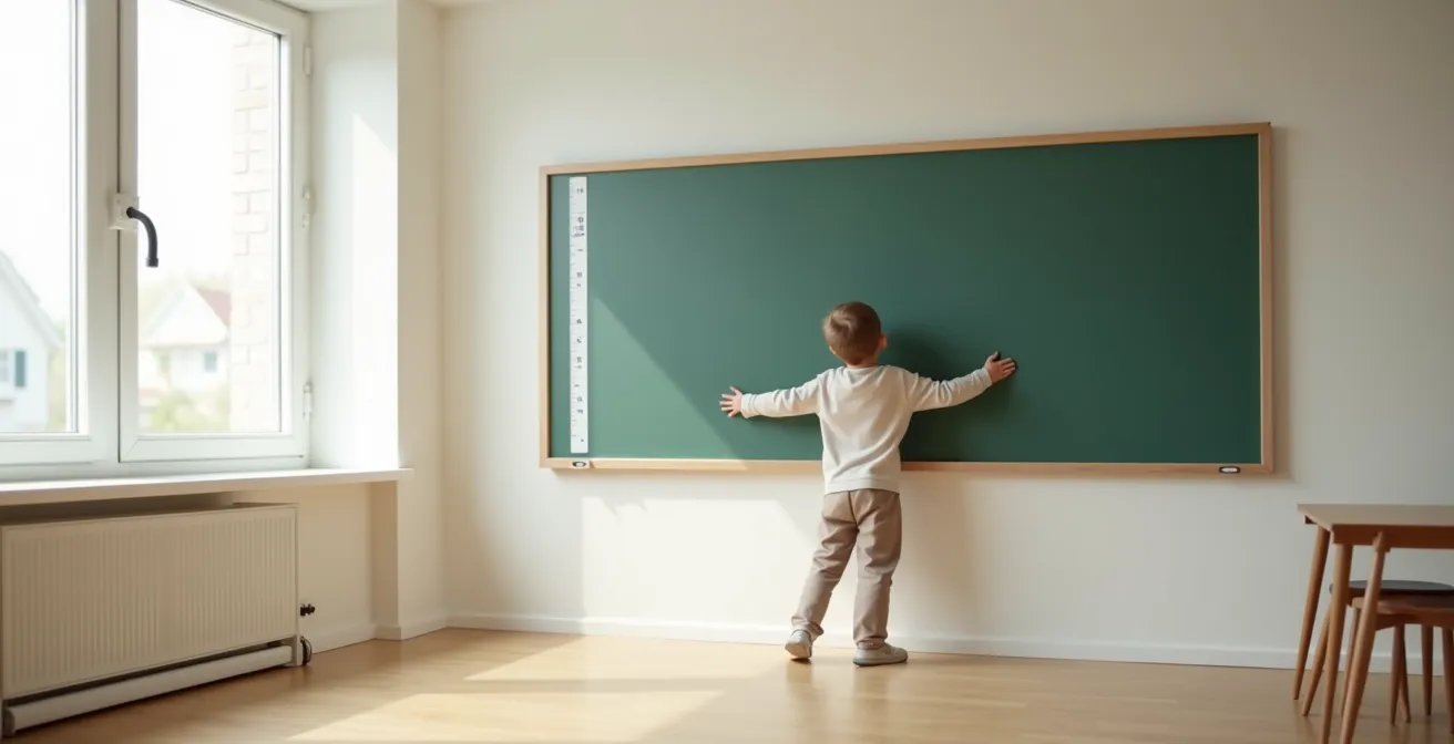 Seitenansicht eines Kindes vor einer höhenverstellbaren Tafel mit Markierungen für Schulter- und Ellenbogenhöhe zur ergonomischen Ausrichtung.