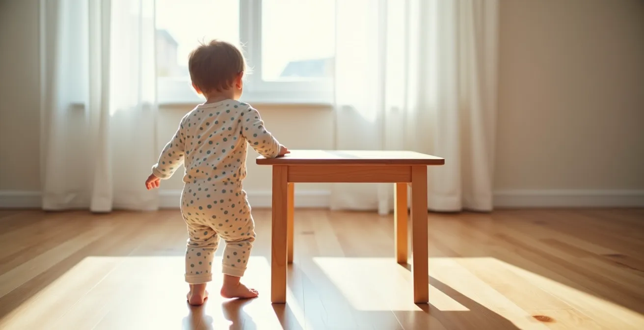 Kleinkind trägt einen leichten Holztisch durch das Zimmer