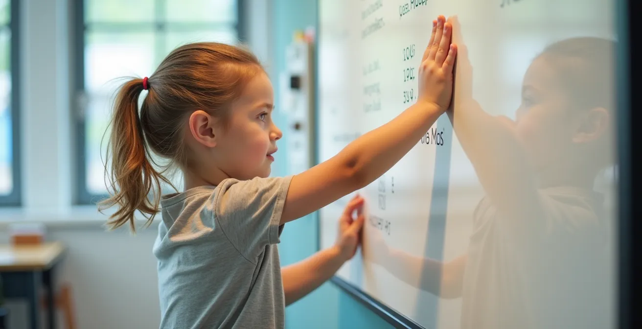 Kind in Bewegung beim großflächigen Wischen einer Magnettafel mit ausgestrecktem Arm