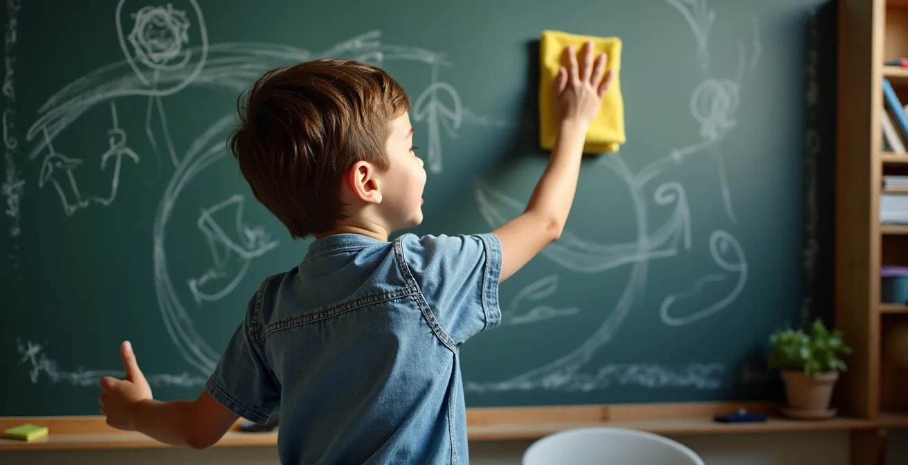 Ein Kind wischt mit beiden Armen in einer diagonalen Bewegung über eine große Tafel, was die Rotation des Rumpfes und das Überqueren der Körpermittellinie zeigt.