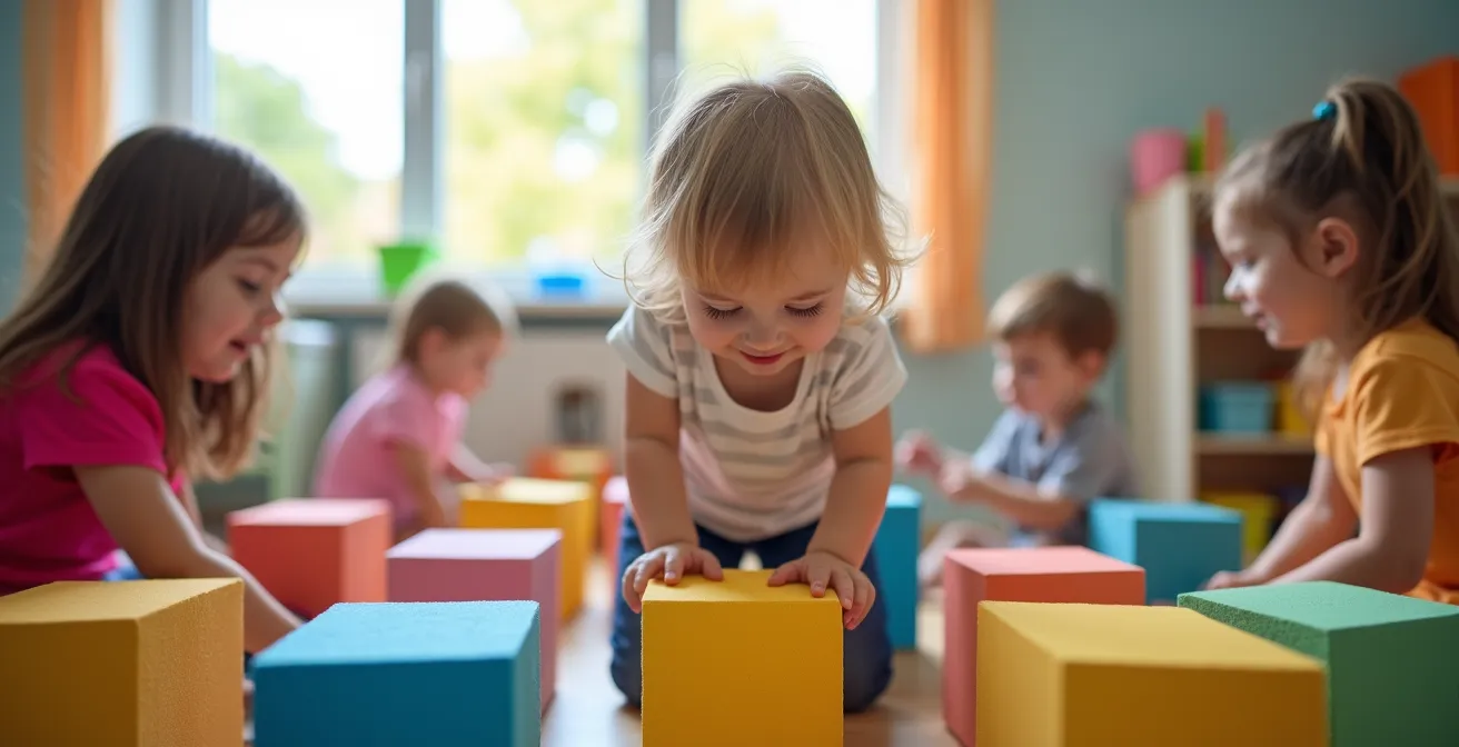 Eine fröhliche Bewegungslandschaft aus bunten Würfeln, auf der Kinder balancieren und spielen