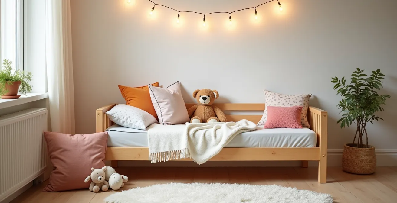 Ein zum gemütlichen Tagessofa umgebautes Kinderbett in einem hellen, freundlichen Kinderzimmer, dekoriert mit bunten Kissen und Kuscheltieren.