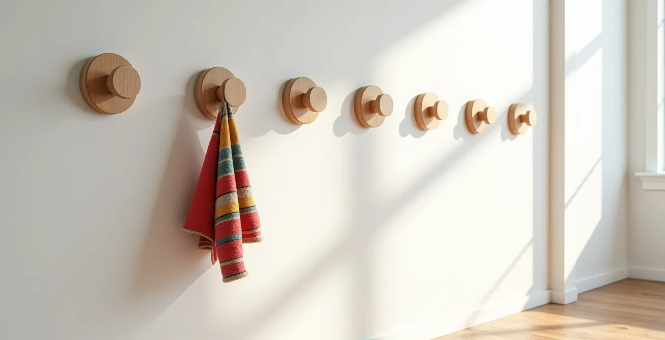 Flur mit Kleiderhaken auf Kinderhöhe und aufgehängter Kinderjacke