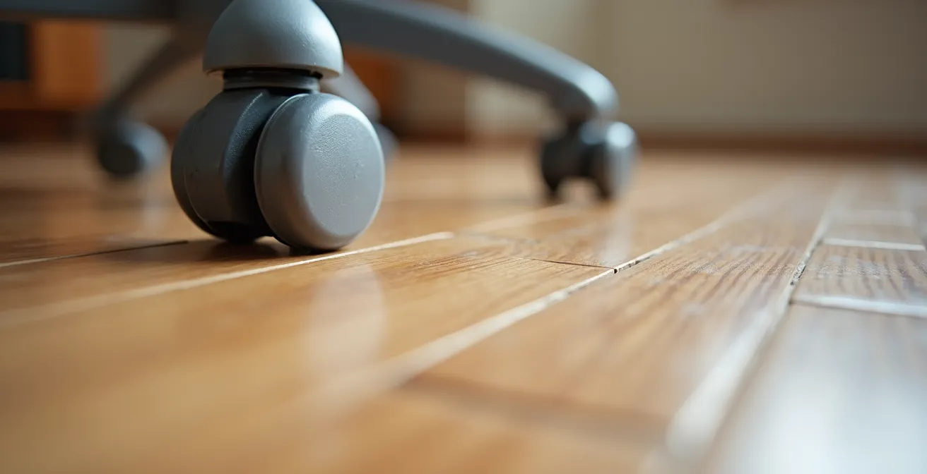 Detailaufnahme von speziellen Hartbodenrollen eines Kinderschreibtischstuhls auf Laminatboden