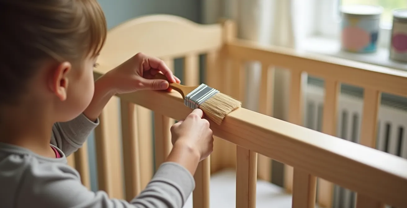 Hände eines Elternteils, die sorgfältig ein Kinderbett aus Holz mit emissionsarmer, sicherer Farbe streichen.