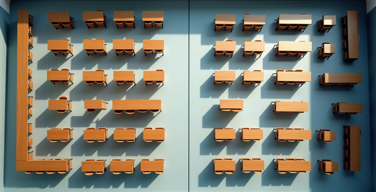 Vogelperspektive zweier Klassenzimmer-Grundrisse im direkten Vergleich