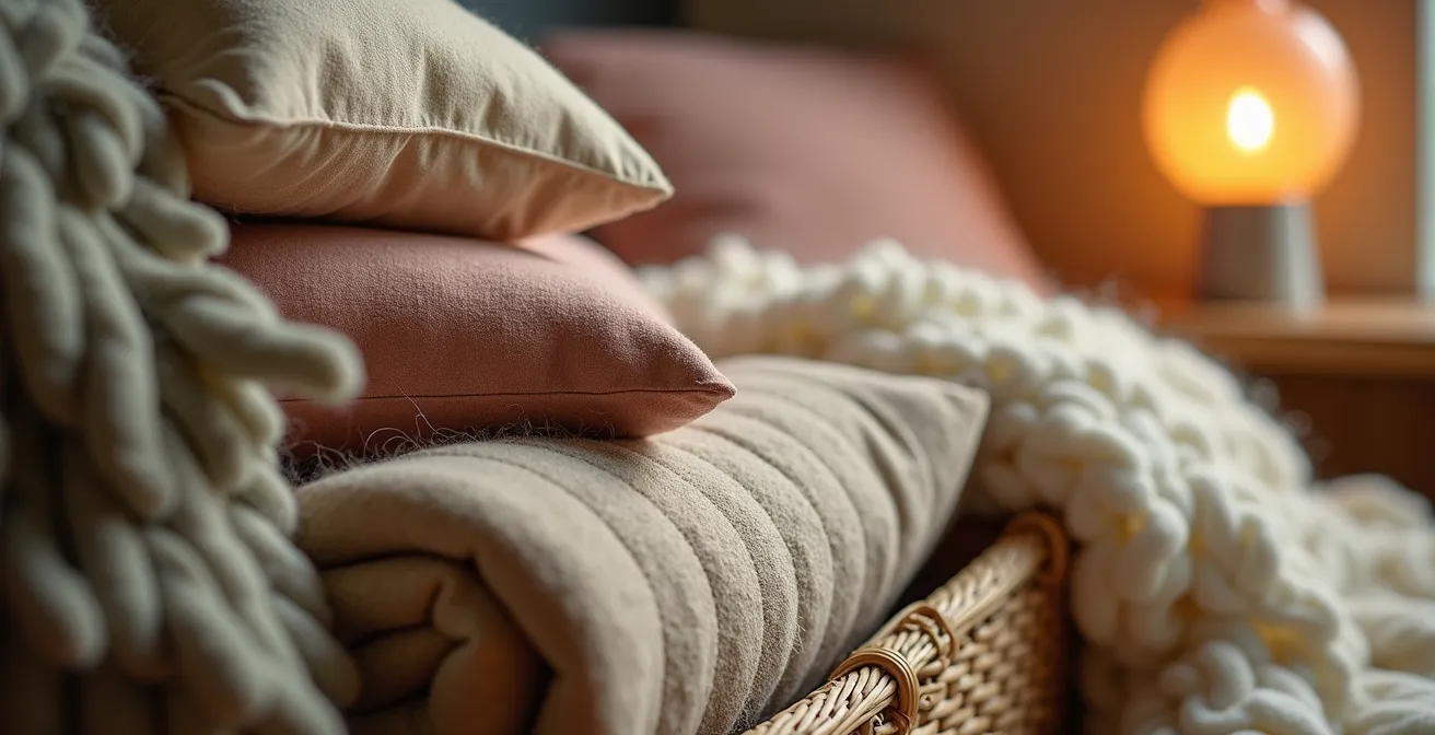 Nahaufnahme von verschiedenen beruhigenden Texturen in einer umgestalteten Zimmerecke.