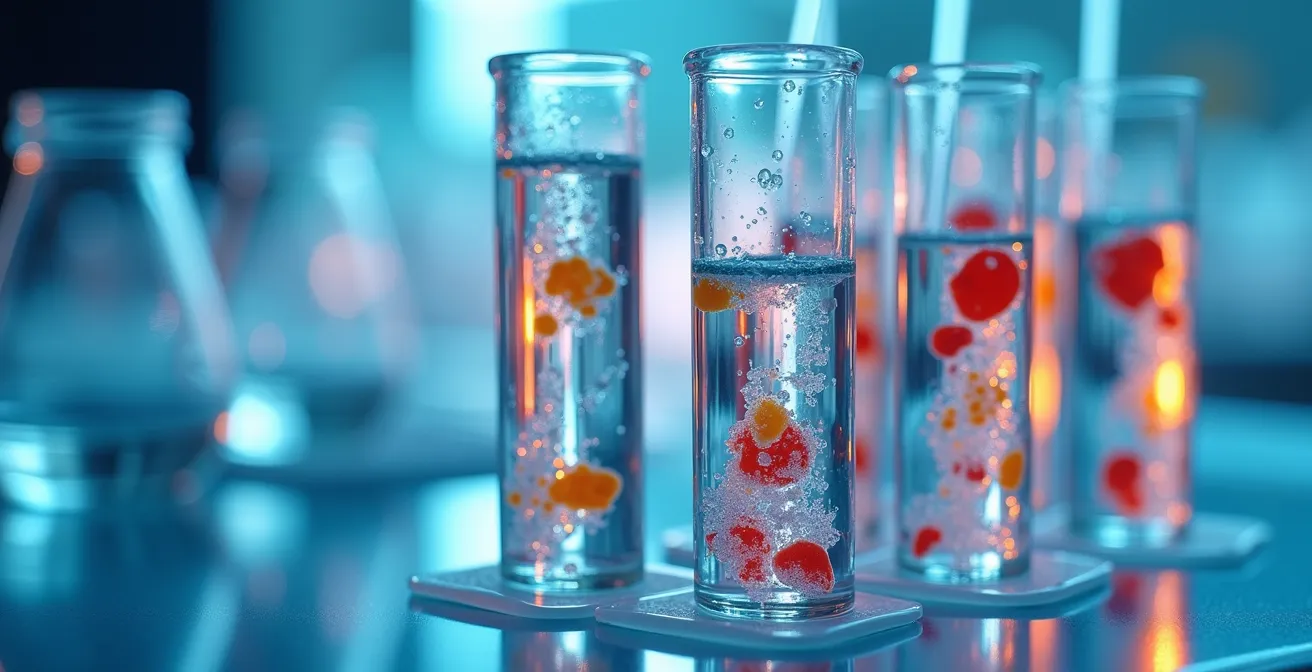 Labortechniker testet Lackproben in Reagenzgläsern mit simulierter Magensäure