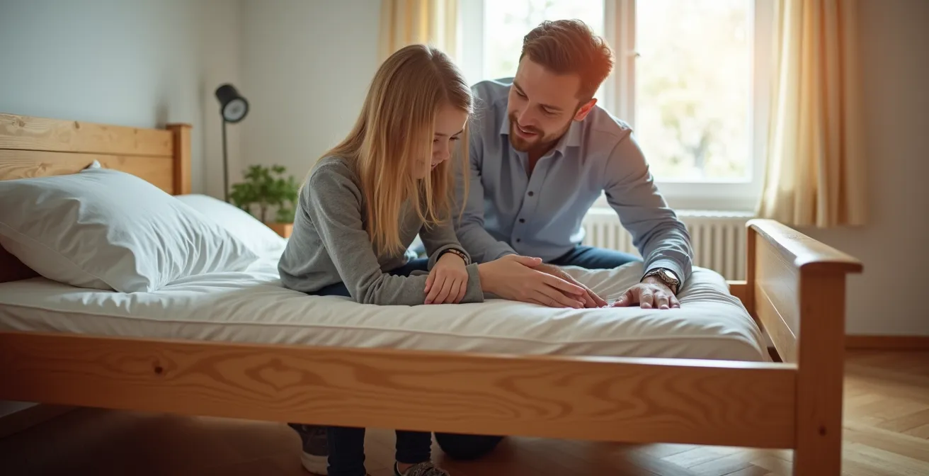 Ein Vater und sein Teenager-Sohn betrachten gemeinsam ein stabiles Massivholzbett, das Anpassungsfähigkeit für verschiedene Altersstufen andeutet.