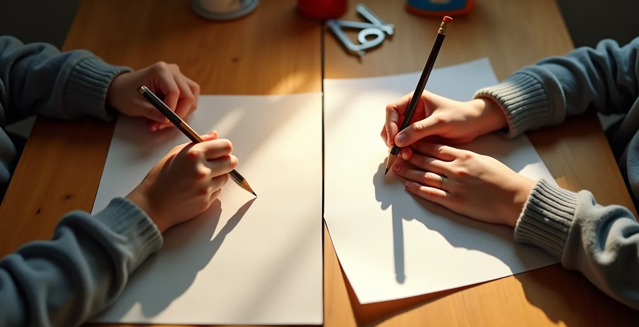 Vergleich der Schattenbildung bei Links- und Rechtshändern am Schreibtisch, der die korrekte Lampenpositionierung verdeutlicht.