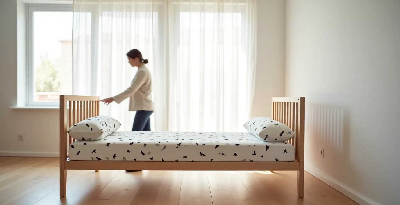 Nahaufnahme einer Hand, die den Spalt zwischen Matratze und Bettrahmen mit zwei Fingern misst