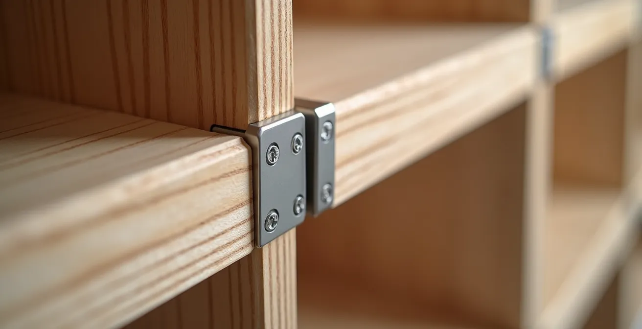 Detailansicht eines modularen Regalsystems mit standardisierten deutschen Maßen und Euroboxen