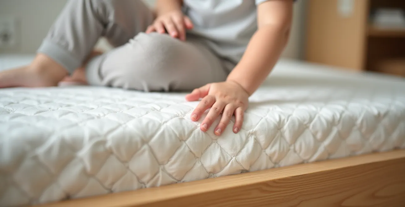 Montessori-Bodenbett mit Matratze auf niedrigem Holzrahmen in sicherem Kinderzimmer