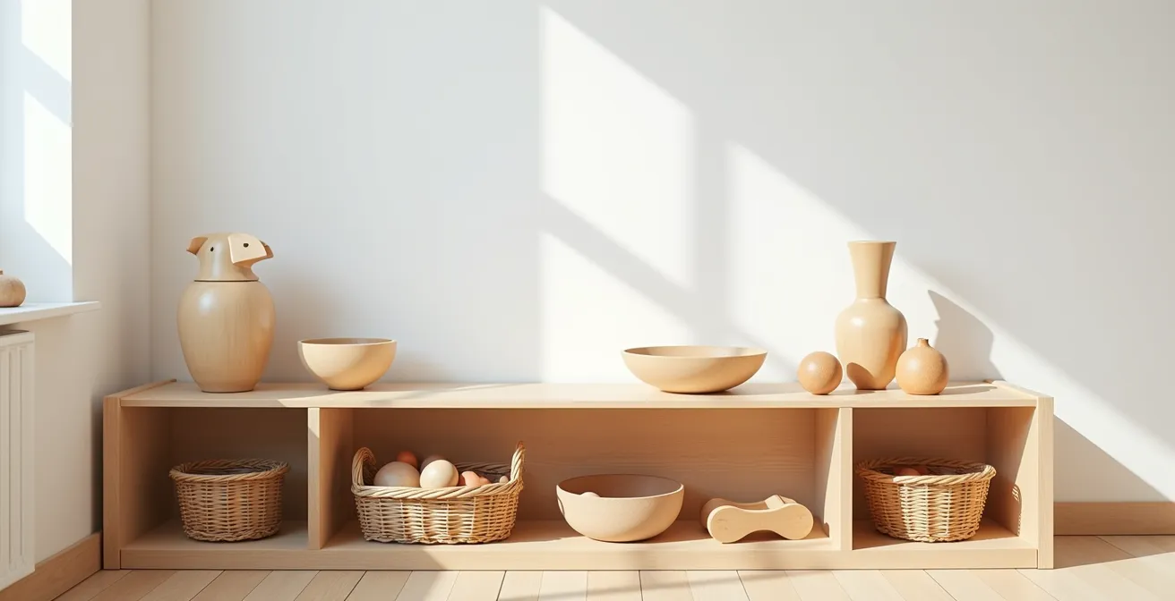 Aufgeräumtes Montessori-Regal mit nur 5 ausgewählten Spielzeugen in Körben